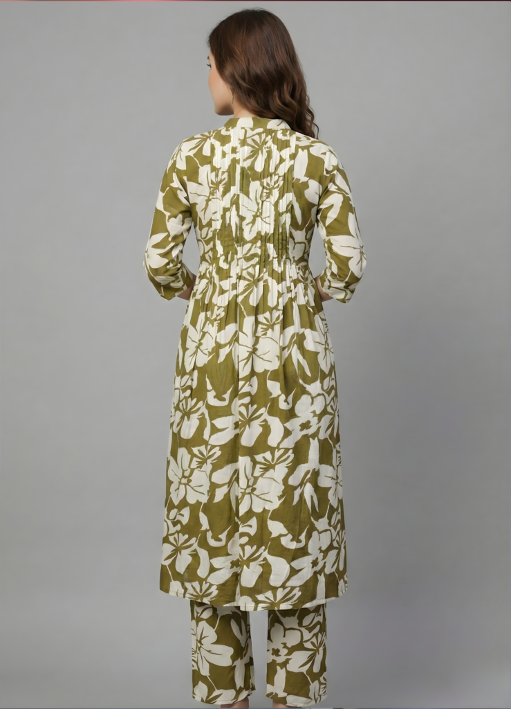 Green & Ivory Floral Long Maternity Kurti Set with Zip