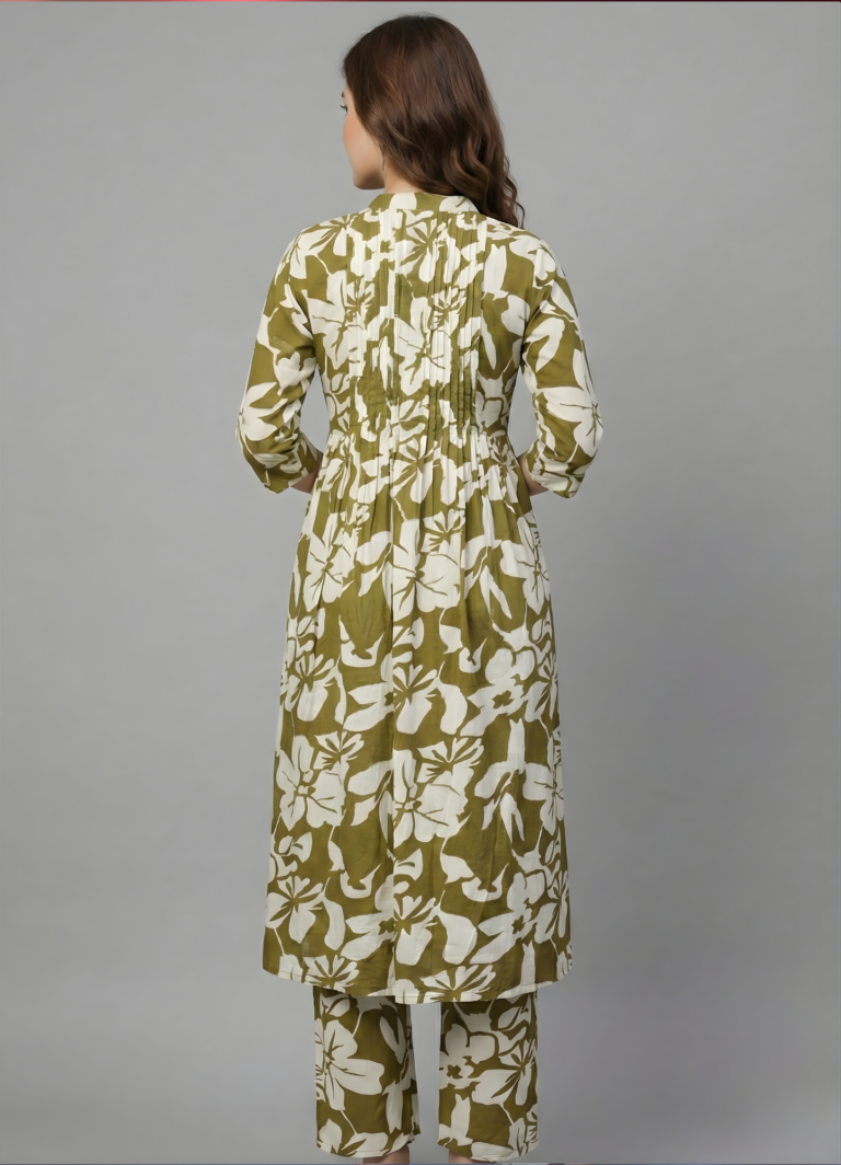 Green & Ivory Floral Long Maternity Kurti Set with Zip