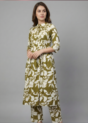 ProductAJ Green & Ivory Floral Long Maternity Kurti Set with Zip